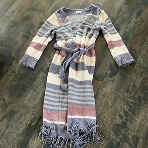 Long Striped Fringe Belted Cardigan Sweater - Lavender, Cream & Mauve